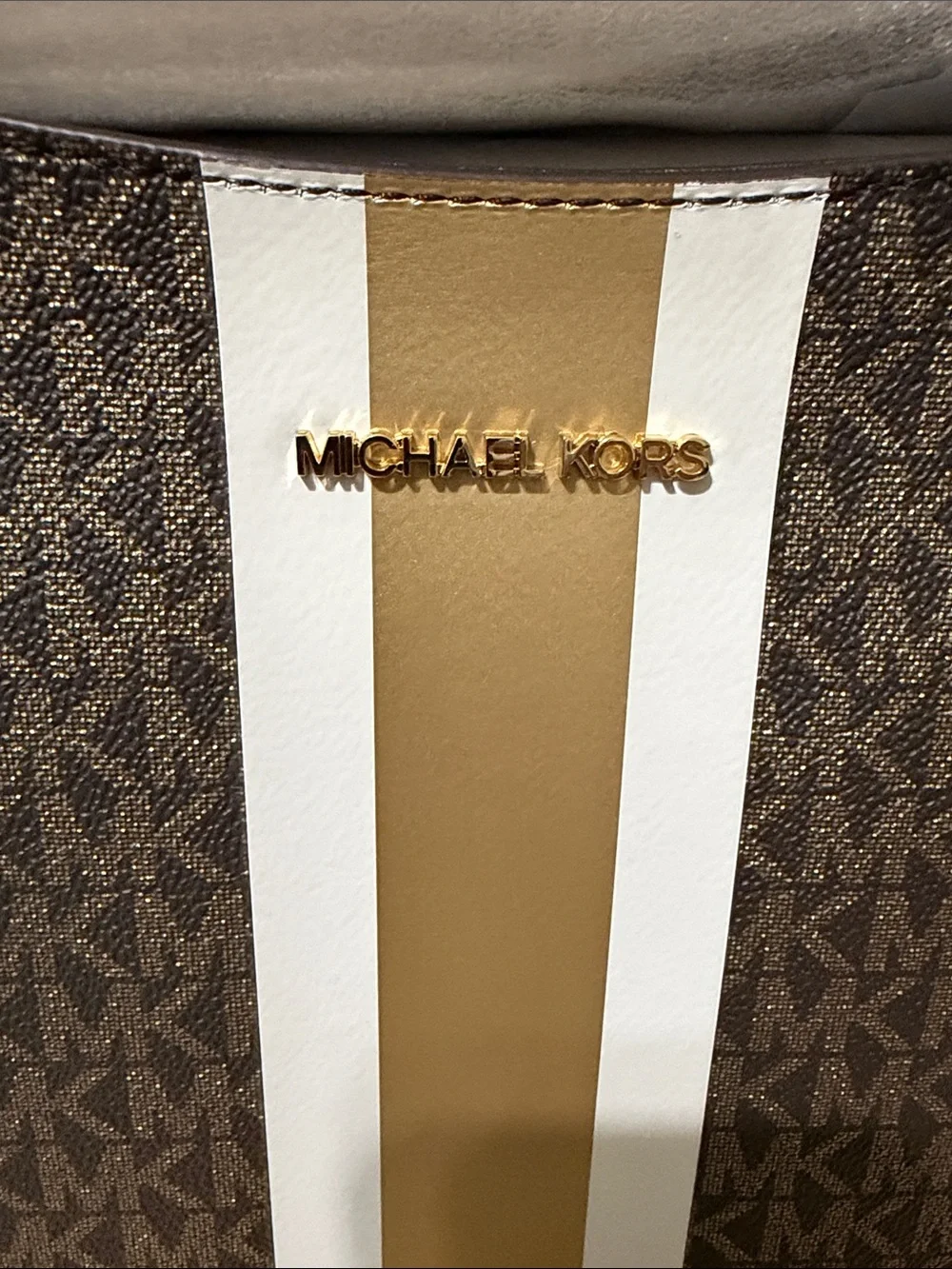 Michael Kors Brown Logo Messenger with White and Gold Stripe